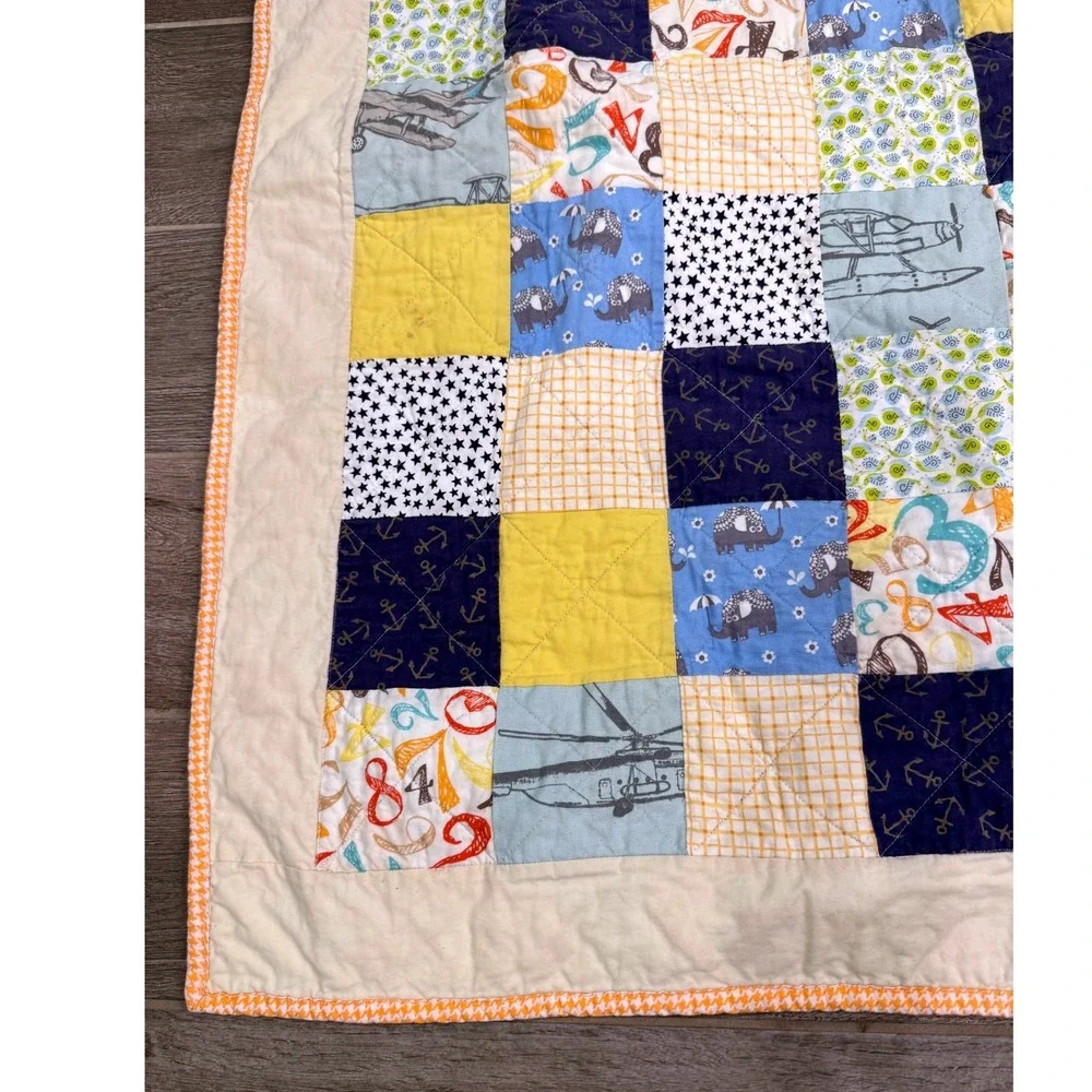 Handmade Baby Quilt Airplane Aviation Patchwork Minky Backing 40x39 Nursery